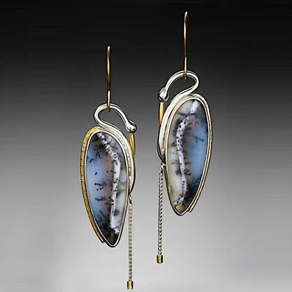 No brand Jewelry - Vintage Swan Chalcedony Boho Marbled 925 Ancient Silver Dangle Earrings